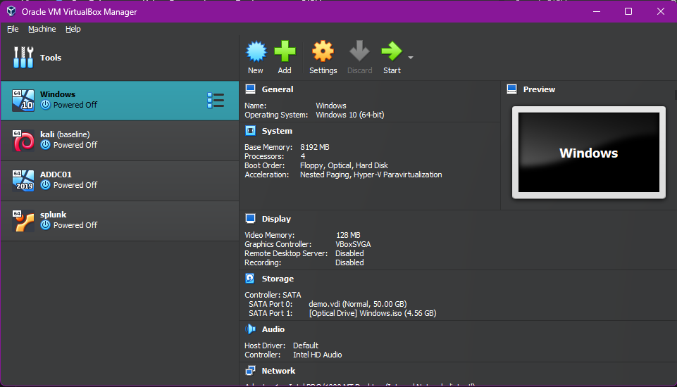 Screenshot of VirtualBox Home Lab Configuration